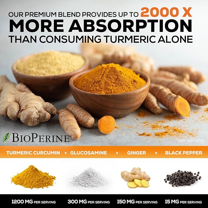 Turmeric Curcumin Supplement 2000mg with Glucosamine Chondroitin & Ginger, 95% Curcuminoids, BioPerine Black Pepper for Best Absorption, Nature's Joint Support, Non-GMO, Bottled in USA - 180 Capsules