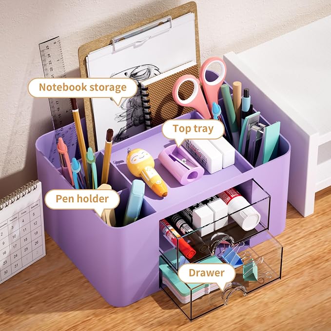 Marbrasse Pen Organizer with 2 Drawer, Multi-Functional Pencil Holder for Desk, Desk Organizers and Accessories with 5 Compartments + Drawer for Office Art Supplies (Purple)
