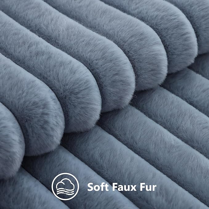 decorUhome Fall Faux Fur Throw Pillow Covers 26x26 Set of 2 Grey Blue | Decorative Soft Cozy Striped Plush Modern Farmhouse Boho Couch Pillow Cases Velvet Back for Sofa Bed Living Room Home Decor