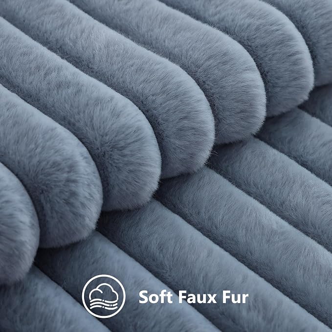 decorUhome Fall Faux Fur Throw Pillow Covers 16x16 Set of 2 Grey Blue | Decorative Soft Cozy Striped Plush Modern Farmhouse Boho Couch Pillow Cases Velvet Back for Sofa Bed Living Room Home Decor