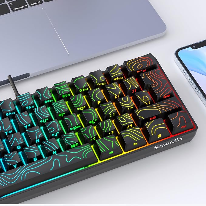 Snpurdiri 60% Wired Gaming Keyboard 61 Keys RGB (Contour Line-Black) | Backlit Small Gaming Keyboard Ultra-Compact for PC/Mac Gamer, Typist, Travel, Easy to Carry on Business Trip