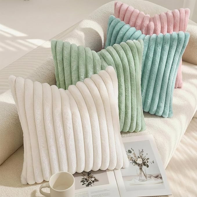 decorUhome Fall Faux Fur Throw Pillow Covers 24x24 Set of 2 Aqua | Decorative Soft Cozy Striped Plush Modern Farmhouse Boho Couch Pillow Cases Velvet Back for Sofa Bed Living Room Home Decor