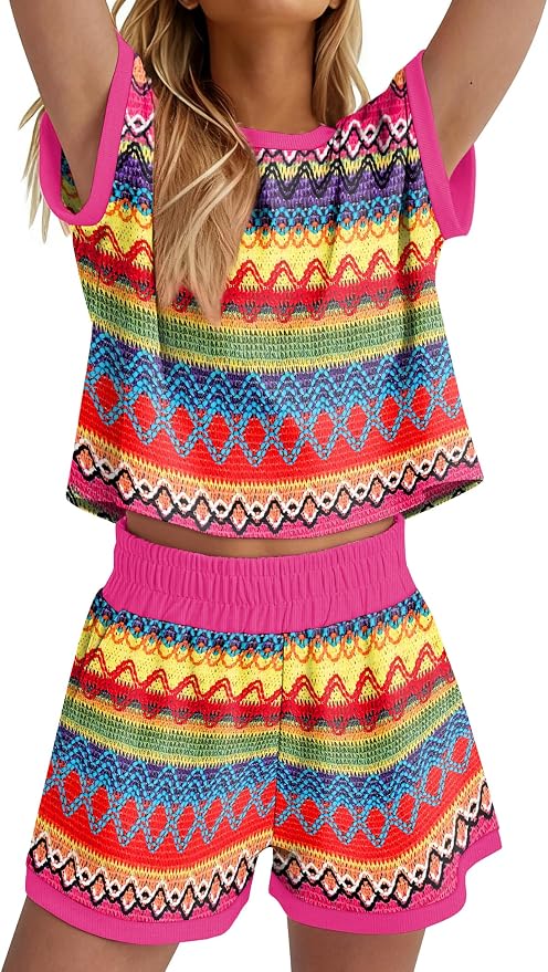 WIHOLL Two Piece Sets for Women Summer Lounge Short Sets Cap Sleeve Crew Neck Sweatsuit with Pocket XS-2XL