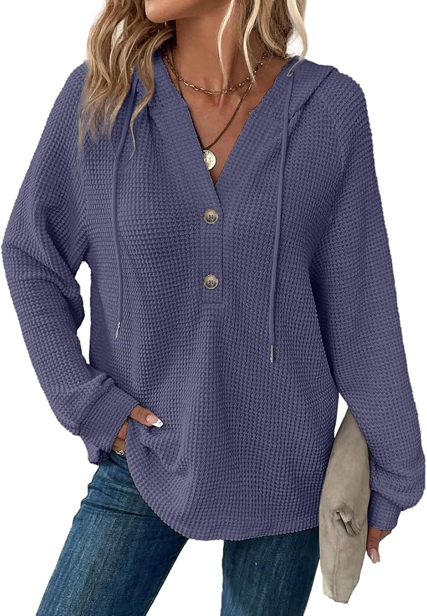 Dokotoo Hoodies for Women Waffle Knit Long Sleeve Drawstring Button V Neck Casual Sweatshirt Hooded Tops Fashion Clothing