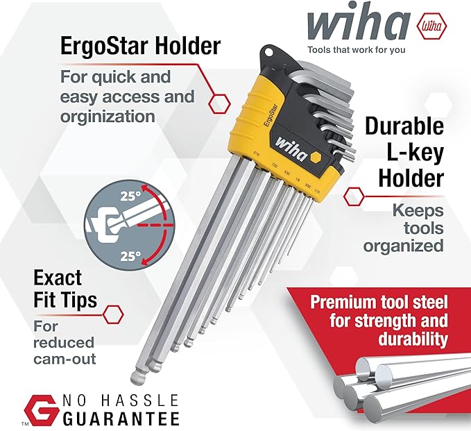 Wiha 66988 ErgoStar Ball End Hex L-Key Set, 13 Piece, Inch, Patented Auto-Open Holder, Chrome-V-Moly Steel