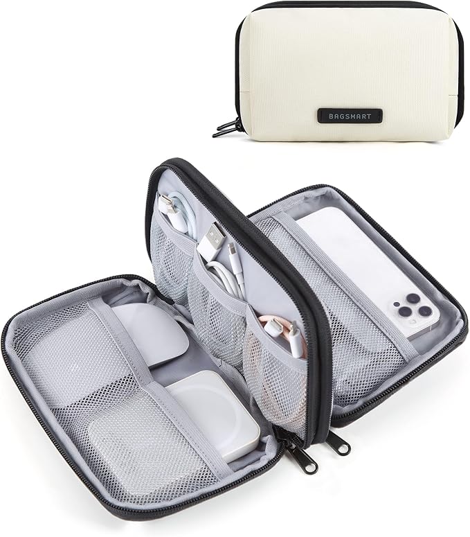 BAGSMART Electronics Travel Organizer for Cords Chargers Phones, Beige | Travel Essentials, Tech Organizer Pouch, Cord organizer bag for Cables, Compact Travel Accessories