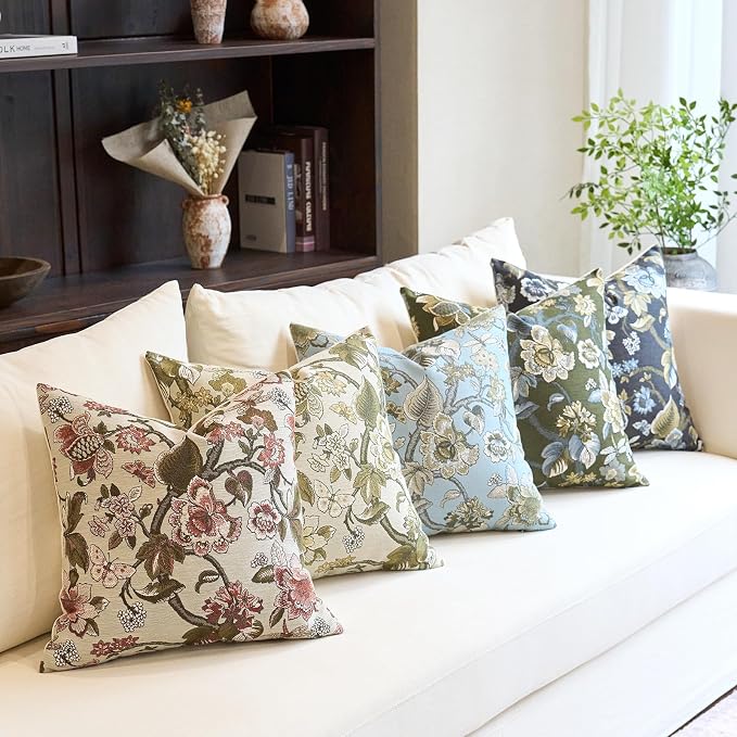 Neutral Floral Pillow Cover 18x18, Vintage Linen Square Pillow Cover Soft Decorative Farmhouse Accent Pillow Cases for Couch Bedroom Living Room Home Decor, Green