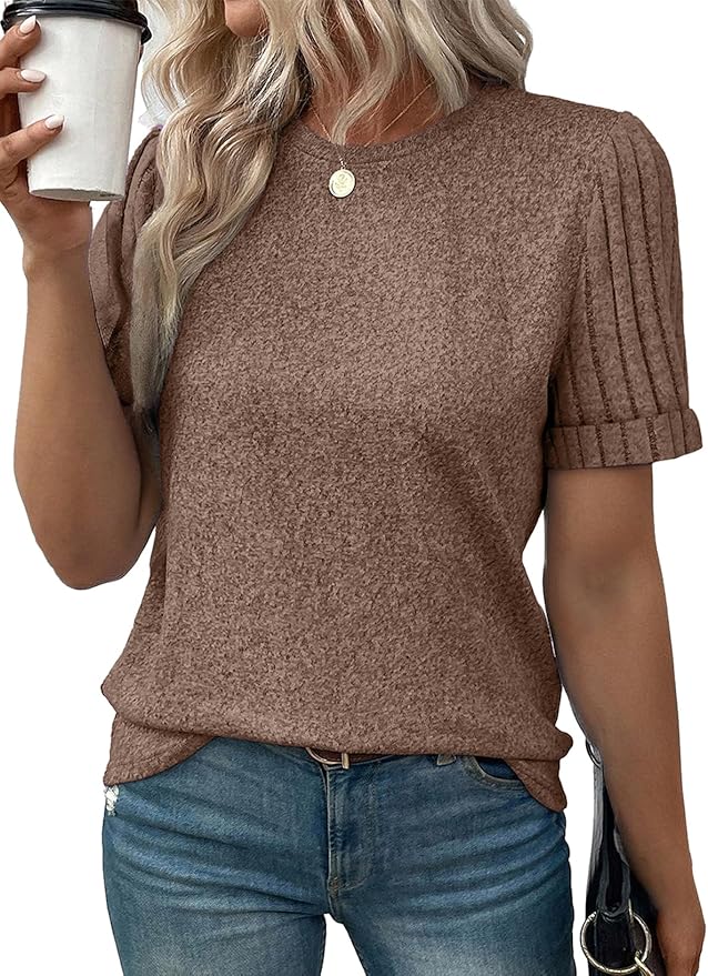 SHEWIN Women's Short Sleeve Summer Tops Crewneck Knit Solid Loose Casual Basic T Shirts Tee Blouses