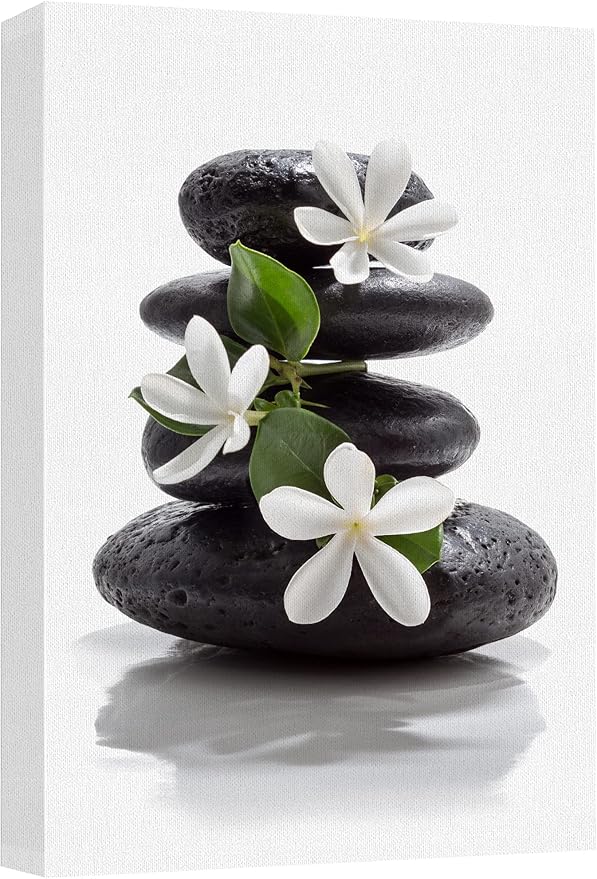 wall26 Canvas Print Wall Art Zen Dark Basalt Stones with Magnolia Blossoms Nature Floral Photography Realism Rustic Colorful Multicolor Ultra for Living Room, Bedroom, Office - 12"x18"