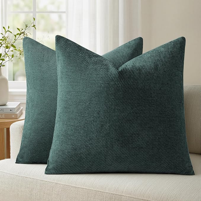 a moment Pack of 2 Decorative Chenille Throw Pillow Covers with Twill Cushion Covers for Sofa Living Room Couch Bed 22x22 Inch Dark Teal