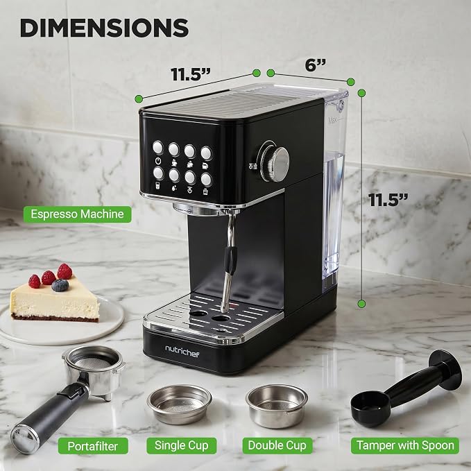NutriChef 20-Bar Espresso Maker With Milk Frother | Removable 1.8 Quart Water Tank | Coffee Maker for Brewing Espresso, Cappuccino, Latte, Americano & Cold Brew Coffees | Black