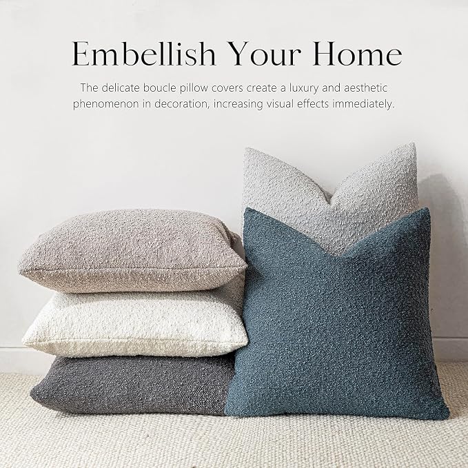Foindtower Pack of 2 Modern Textured Boucle Throw Pillow Covers Accent Solid Decorative Pillow Cases Cozy Woven Couch Cushion Case for Chair Sofa Bedroom Living Room Home Decor, 18 x 18 Inch,Blue