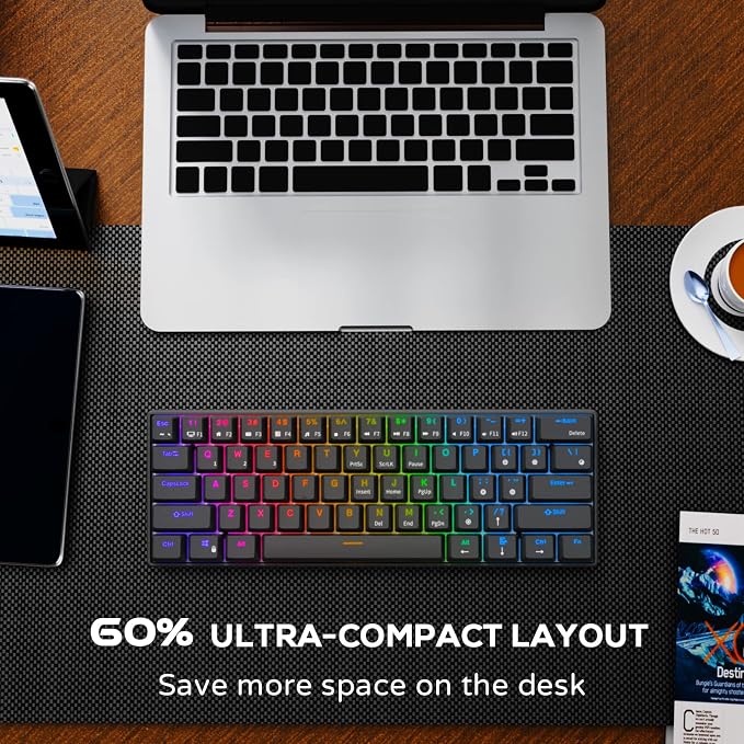 RK ROYAL KLUDGE RK61 60% Wireless Mechanical Keyboard w/Coiled Cable, Black | RGB Gaming Keyboard with Bluetooth/2.4G/Wired, Hot Swappable 61 Keys Ultra-Compact for Win/Mac/PC Game, Tactile Brown Switch