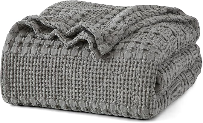 PHF 100% Cotton Waffle Weave Blanket King Size, Lightweight Breathable Summer Blanket for Hot Sleepers, Pre-Washed Soft Layer for Bed, Couch, Home Decor Gift, 108"x90", Dark Grey