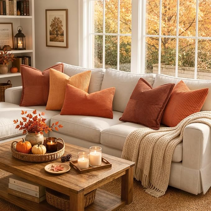 MIULEE Fall Decorative Corduroy Throw Pillow Covers Set of 2 22x22 Orange | Soft Striped Textured Cushion Cases, Boho Energetic Vibe Pillowcases for Home Decor, for Couch Chair Sofa Bed Living Room