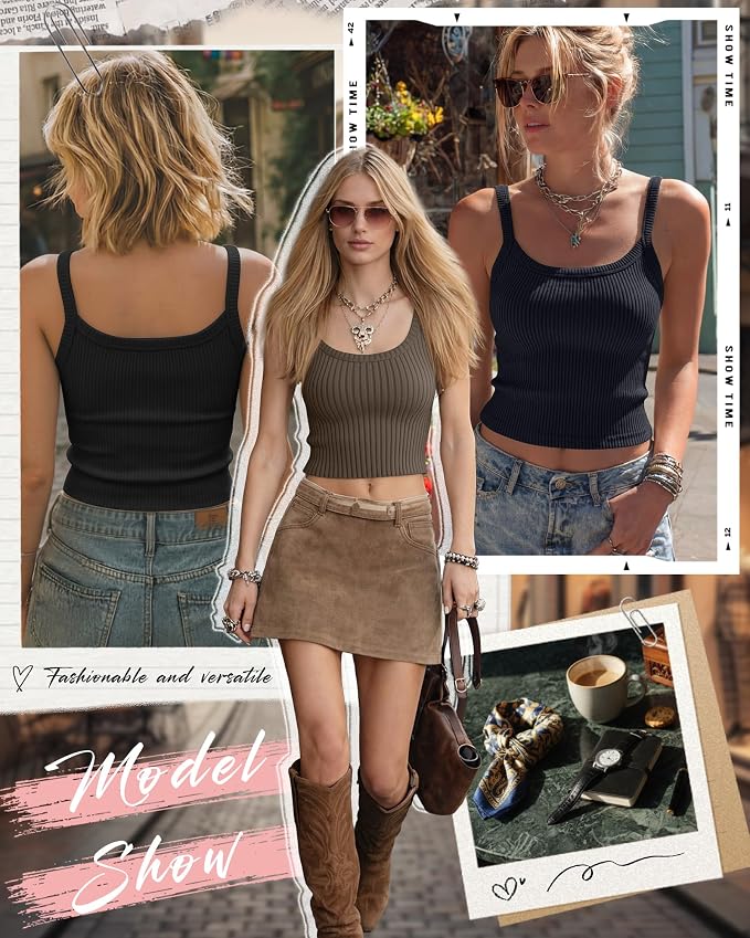 Ficerd 3 Pack Women's Tank Tops 95% Cotton Spaghetti Strap Ribbed Crop Camisole Slim Fitted Basic Summer Sleeveless Layer