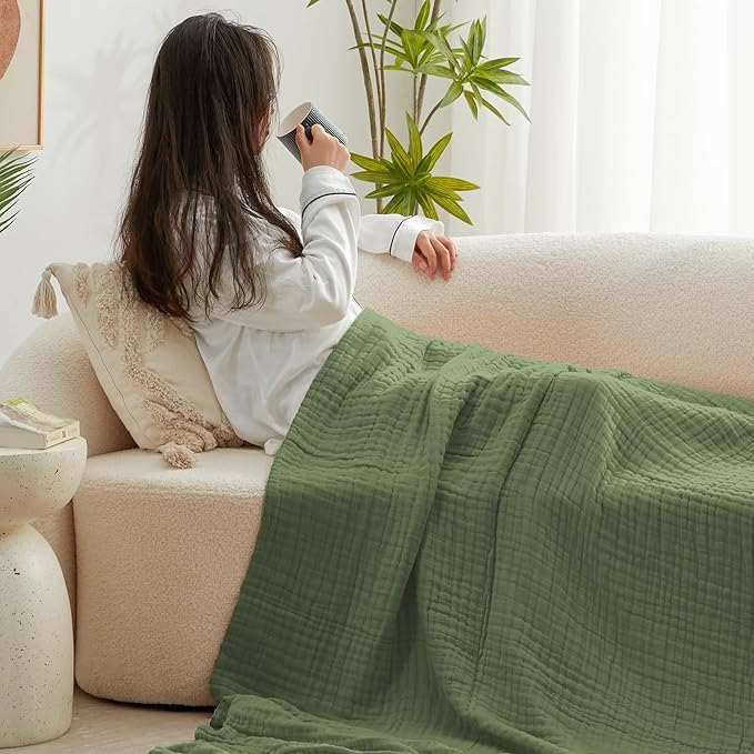 Love's cabin 100% Cotton Muslin Blanket, 6 Layer Lightweight Breathable Gauze Throw Blanket 50 x 60 Inches, Soft All Season Blanket for Couch, Bed, Sofa, Sage Green