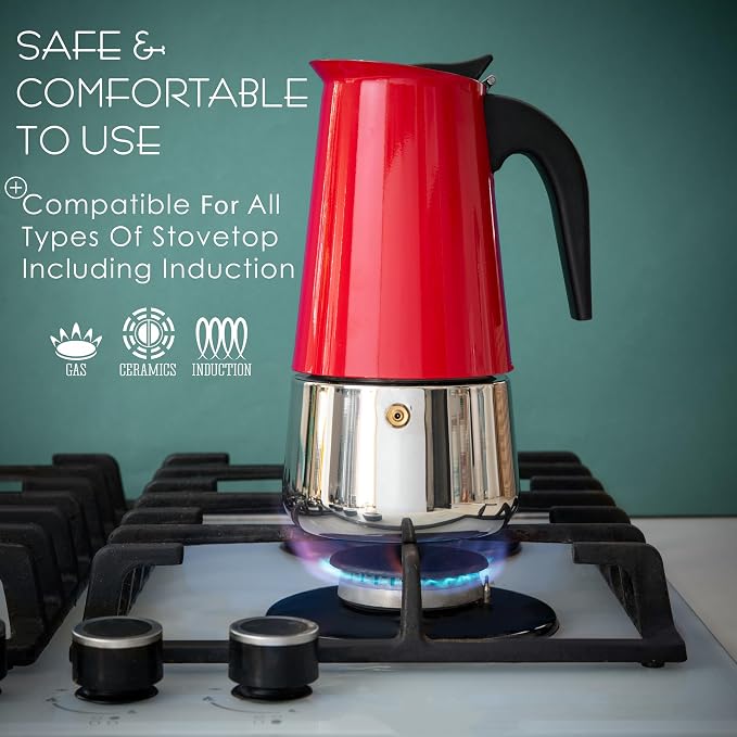 Mixpresso 6 Cup Greca Moka Pot Red Stainless Steel Stovetop Espresso Maker | 300ml/10oz Italian stovetop coffee maker with classic percolator design, ideal for preparing coffee at home or while camping