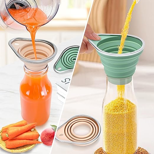 New Upgraded 2-Pack Silicone Collapsible Funnel Set with Stainless Steel Rim, Includes Large & Small Funnels for Filling Bottles,Canning,Dry & Liquid Ingredients (Green)
