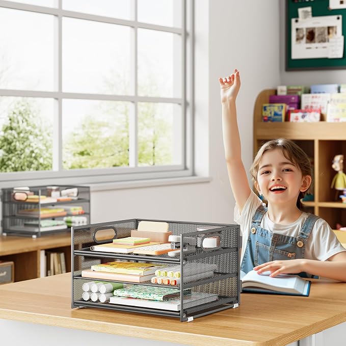 Subekyu 2-Pack 3-Tier Gray Metal Mesh Desk Paper Letter Tray & File Sorter Organizer with Handle + 1 Sliding Tray for Desk, Home, Office, School Supplies, A4 Paper and Accessories Storage