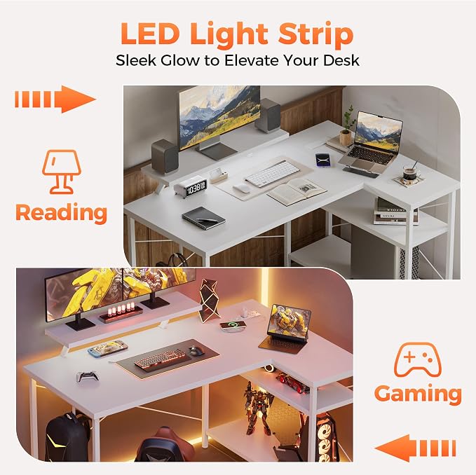 Mericonia 55 in L Shaped Gaming Desk, Large Corner Desk with Monitor Stand | Reversible Computer Desk with Power Outlets, LED Light & Storage Shelves, Office Table for Home Bedroom Study Work Writing