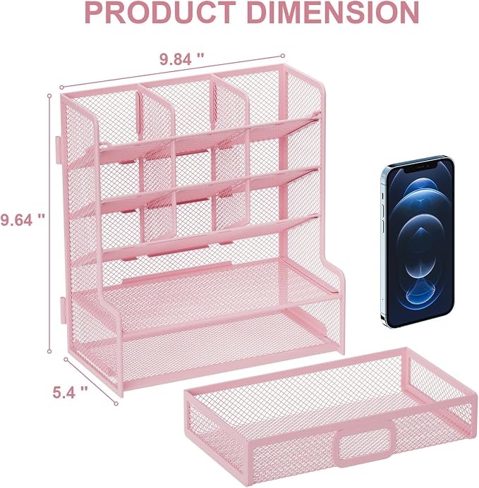 Marbrasse Larger Mesh Desk Organizer with Drawer, Multi-Functional Pen Pencil Holder, Easy Assembly, Desk Organizers and Accessories for Office Art Supplies (Pink)