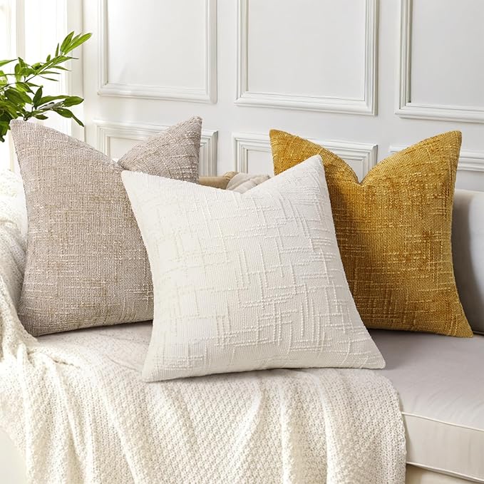 decorUhome Textured Chenille Throw Pillow Covers 20x20 Set of 2 Cream White | Fall Modern Farmhouse Soft Cozy Slubby Couch Pillow Cases Boho Decorative Pillow Cases for Bed Sofa Living Room Home Decor