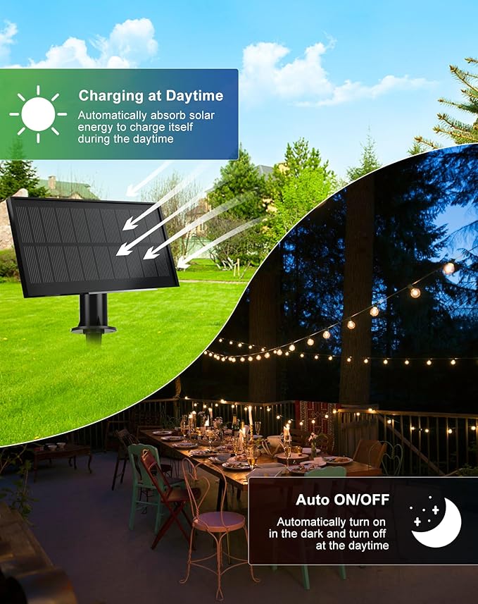 Solar String Lights Outdoor Waterproof 50FT with USB Port and 27 Shatterproof G40 Bulbs(2 Spare), LED Solar Powered Patio Lights for Outside, Porch, Backyard, Bistro, Garden, Market - 2200K