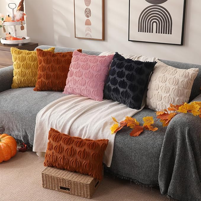 DFXSZ Fall Pillow Covers 18x18 2Pcs Pink Pumpkin Fall Decorations for Home | Fall decor Set of 2 Throw Pillow Cases Soft Plush Faux Fur Wool Couch Cushion for Chair Sofa Bedroom Living Room Home Decor