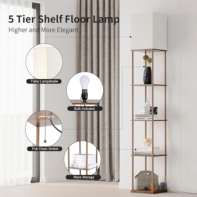 SUNMORY 5 Tier Floor Lamp with Shelves, Modern Square Standing Lamp with 3 Color Temperature Bulb, Corner Display Bookshelf Lamp for Living Room and Bedroom, Tall Shelf Floor Lamp Brown