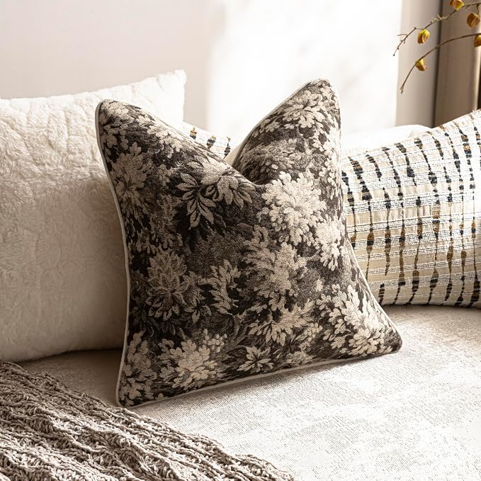 Pack of 2 Vintage Floral Euro Sham Covers 26x26 Boho Farmhouse Accents Chenille Square Decorative Throw Pillow Cases for Living Room Couch Bed Home Decor, Grey