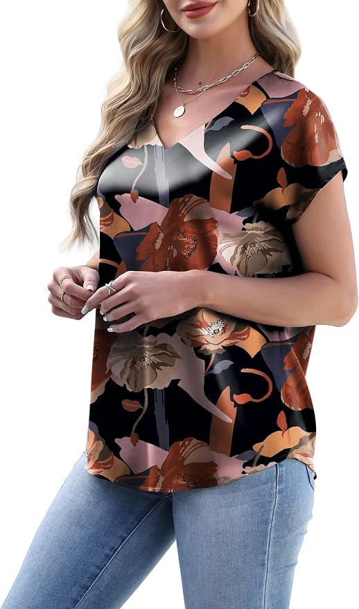 WIHOLL Womens Satin Summer Tops Cap Short Sleeve Blouses V Neck Shirts Business Casual Outfits Fashion Clothing 2026