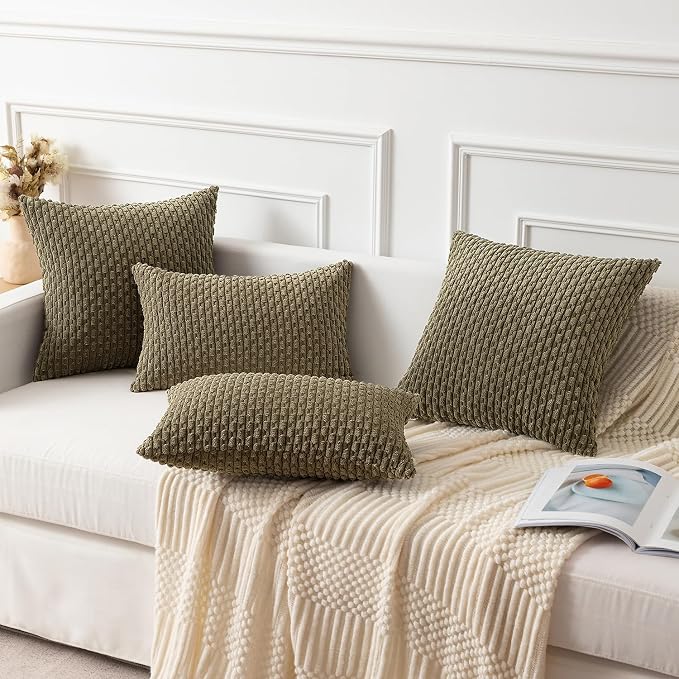 Kevin Textile Soft Corduroy 12"x20" Lumbar Pillow Cover 1 Pack, Olive Green | Boho Stripe Plush Corduroy Decorative Oblong Cushion Cover Modern Farmhouse Home Decor for Sofa Couch Bed Chair
