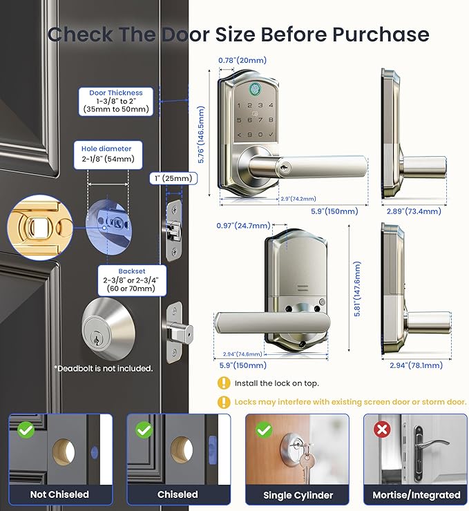 Veise VE019 Fingerprint Smart Lever Lock - APP Control, Keypad Door Lock with Handle, Keyless Entry for Front Door and Bedroom, Electronic Digital Knob, Remote Grant, IP55 Weatherproof, Satin Nickel