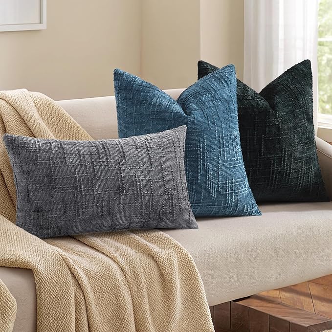 decorUhome Textured Chenille Throw Pillow Covers 16x16 Set of 2 Navy Blue | Fall Modern Farmhouse Soft Cozy Slubby Couch Pillow Cases Boho Decorative Pillow Cases for Bed Sofa Living Room Home Decor