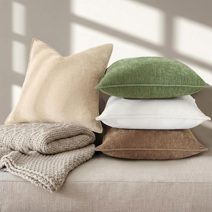 decorUhome Chenille Brown Velvet Throw Pillow Covers 18x18 Set of 2 | Fall Soft Couch Decorative Modern Farmhouse Pillow Cases with Elegant Design for Sofa Bed Living Room Home Decor