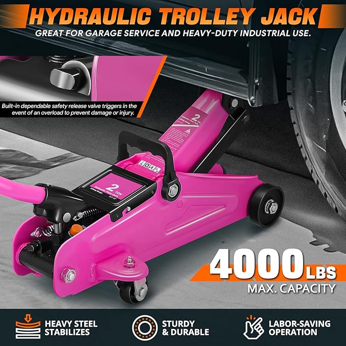 PM PERFORMOTOR Low Profile Hydraulic Trolley Service/Floor Jack Combo with 2 Ratchet Jack Stands, 2 Ton (4000 lbs) Capacity, Purple, PM-TOL-FJ3P-PR