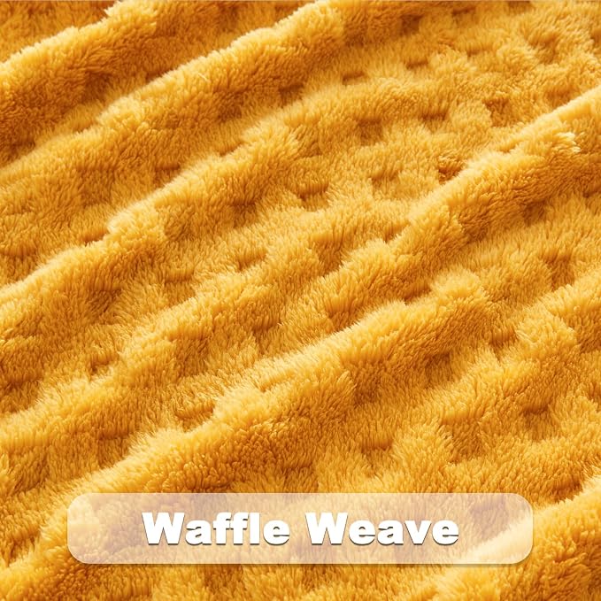 NEWCOSPLAY 3D Waffle Checkered Flannel Queen Blanket, Yellow, 90"x90" | Super Soft Cute Lightweight Decorative Premium Silky Fleece Blanket for Couch Sofa Bed, Gift for Women Men, All Season Use