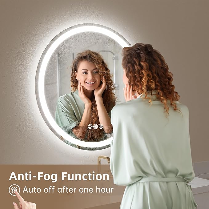 LOVESPEJO 24" Round LED Bathroom Mirror with Lights, Circle LED Mirror for Bathroom, Fogless, Dimmable, 3 Color Changing, IP54, Shatterproof