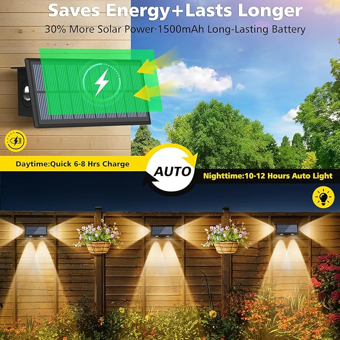 T-SUN Solar Fence Lights Waterproof LED Wall Lights Outdoor with 2 Bright Modes Warm White Solar Powered Dusk to Dawn Fence Light for Backyard Railing Patio Porch Pool 4 Pack