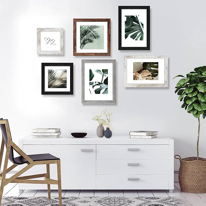 Hongkee 8x8 Picture Frame Set of 4, Made of Glass and Multicolour Wooden Frame, 8 by 8 Photo for Wall or Tabletop - Display Picture 6x8 with Mat or 8x8 Without Mat