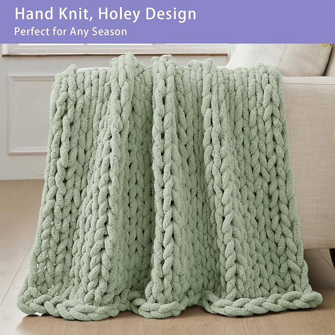 Bigacogo Chunky Knit Throw Blanket for Couch, 40x60 inches, Sage Green | Hand Knit with Jumbo Chenille, Soft Breathable Cable Knit for Sofa Bed Living Room, Machine Washable, Gift for Mom Friend
