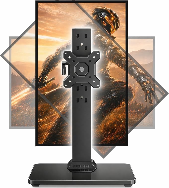 Perlegear Single Monitor Stand for 13–34 inch Screens up to 44 lbs | Heavy-duty steel, swivel, tool-free tilt, 360° rotation, 5 height settings, cable management, max VESA 100x100mm, home office