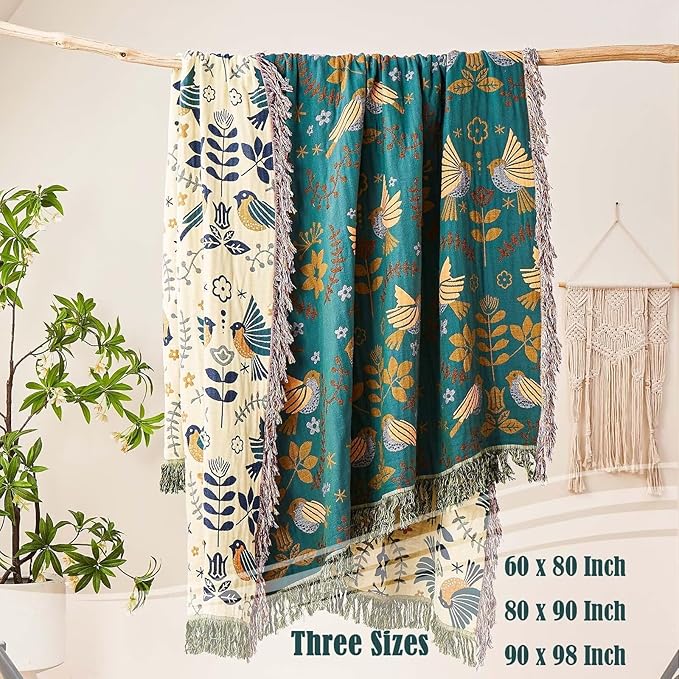 XIBLC Boho Throw Blanket, 100% Cotton Ultra Soft Luxury Throw Rustic Quilt, 80"x90" Floral Printed Farmhouse Decor Bed Summer Blankets, All Season Rustic Reversible Bohemian Throw for Bed - Blue