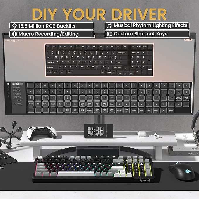 Redragon K742 Wireless Mechanical Gaming Keyboard with Knob for PC Computer | Bluetooth 5.0/2.4GHz/USB C Wireless Creamy Keyboard with Number Pad, RGB Backlits, Hot-Swappable with Linear Switches (Black)