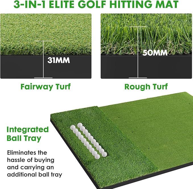 Dual-Turf Golf Mat with Ball Tray,5x4Ft 31mm Thickened Golf Hitting Mats for Indoor/Outdoor Practice,Turf Driving Range Mats for Golf Simulators and Chipping Swing Driving Training