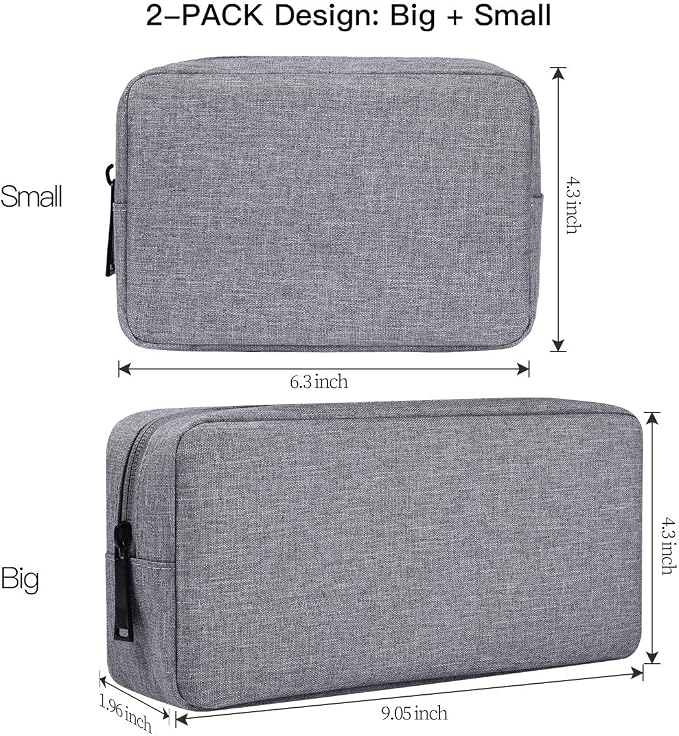 Portable Electronics Accessories Storage Bag, 2PCS Big + Small Carrying Case Travel Cable Organizer Cosmetic Bag Pouch Compatible Hard Drive, Power Bank, Mouse, Laptop Charger, Cellphone, Gray