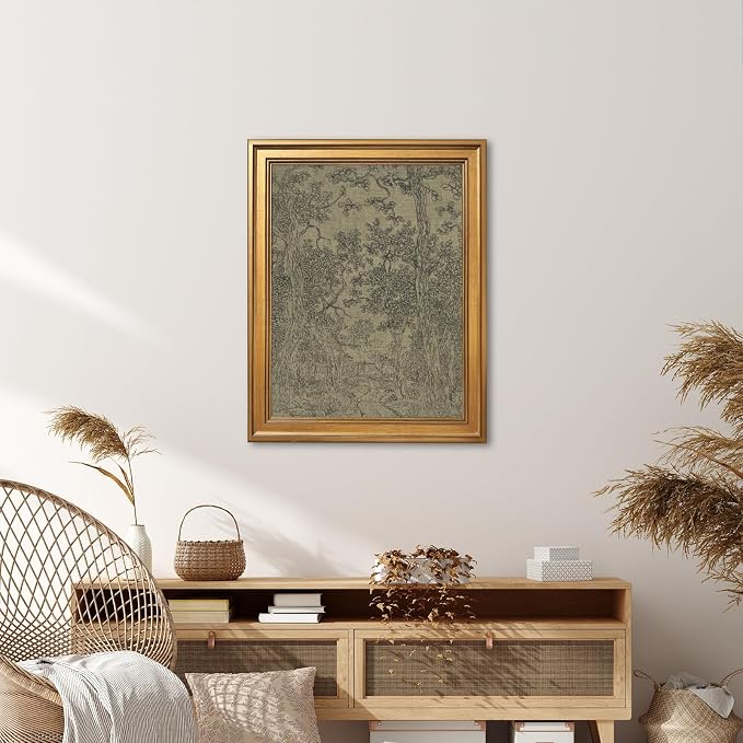 Gold Framed Antique Textile Landscape Sketch Wall Art Painting Moody Vintage Drawing Print Rustic Old-World Picture Poster Neutral Canvas Artwork for Living Room Study Entryway Home Decor 24x36inch