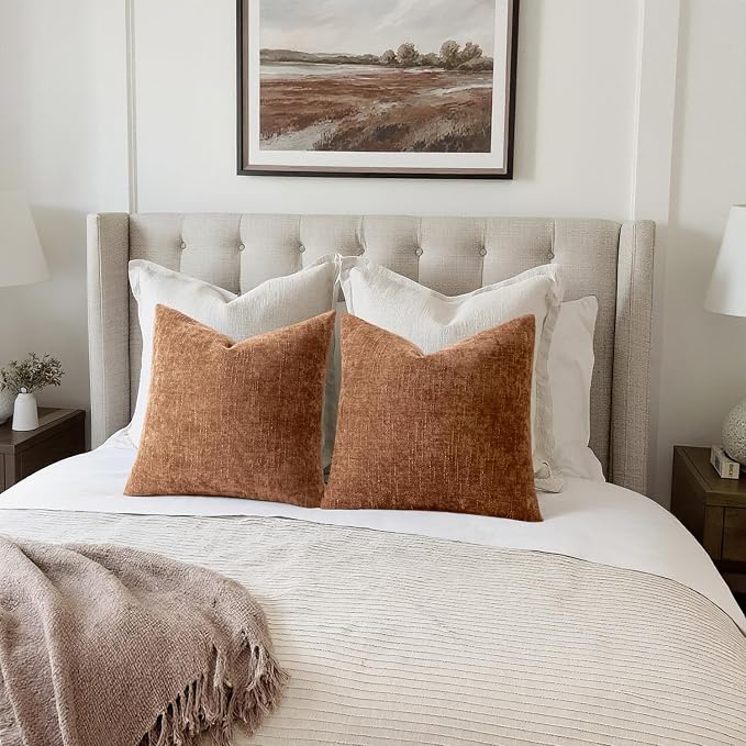 MIULEE Textured Chenille Throw Pillow Covers 20x20 Inch Pecan Brown | Pack of 2 Decorative Soft Throw Pillows, Solid Textured Cushion Covers, Modern Home Decor for Couch Sofa Bedroom Living Room