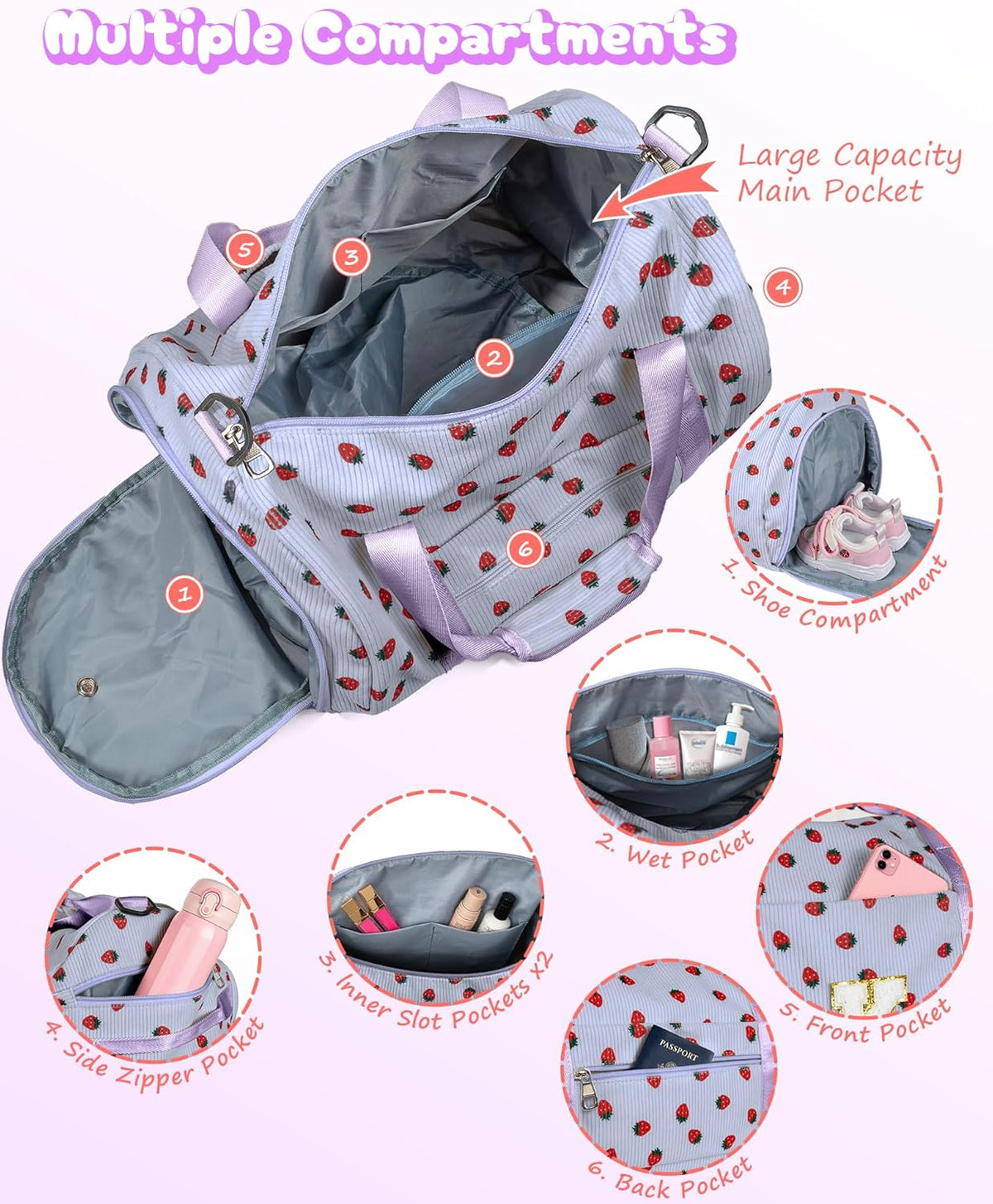Skiennix Tween Girl Gym Bag - Personalized Duffle with Shoe Compartment & Makeup Bag | Monogram Travel Tote (Letter V)